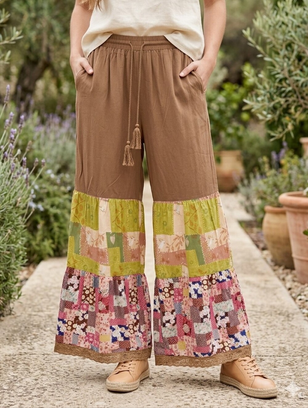 Easel Patchwork Boho Wide Leg Palazzo Pants Brown Floral Size Small